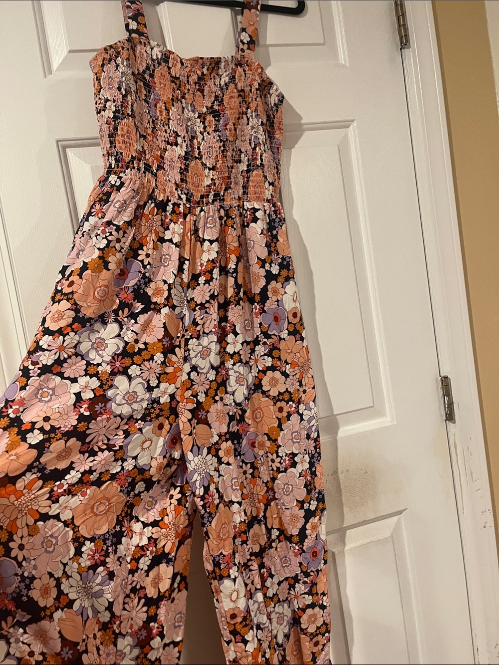 Floral Smocked Wide-Leg Jumpsuit in Peach Floral